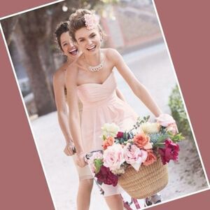 NWOT David's Bridal Strapless Pale Pink Crinkle Chiffon Mini Wedding Guest Dress